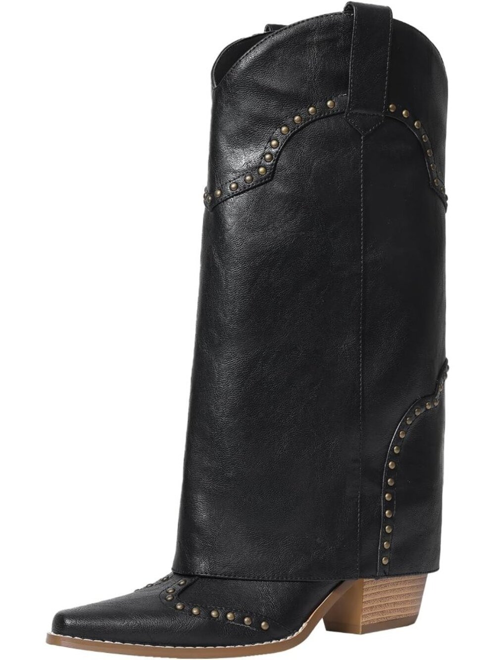 Women's Black Shark Boots Knee High Cowboy Cowgirl Fold Over Chunky Heel Boots